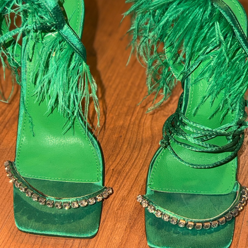 Emerald Feathered Strappy Sandals with Rhinestone Accent